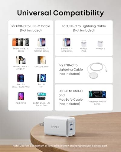 Anker Nano 47W Fast Charger USB C, 2-Port Compact Foldable USB C GaN Charger for iPhone 17/16, Galaxy, Pixel, Compatible with MagSafe (White) — view 5
