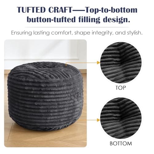 Stuffed Round Ottoman,Corduroy Pouf Ottoman Foot Rest,18 X 14 in,Dark Grey — view 4