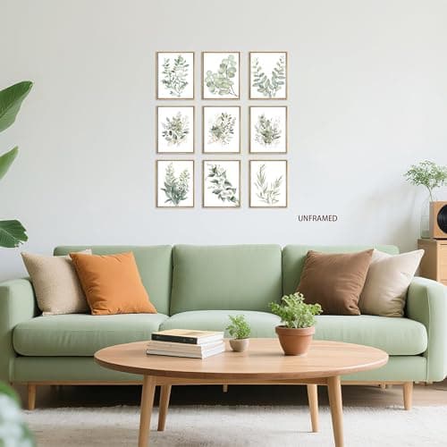 Sage Green Wall Art Set 9, Modern Watercolor Botanical Poster Prints, Unframed Eucalyptus Leaf and Minimalist Floral Picture Wall Decor for Bedroom, Bathroom and Office, 8x10 inch — view 3