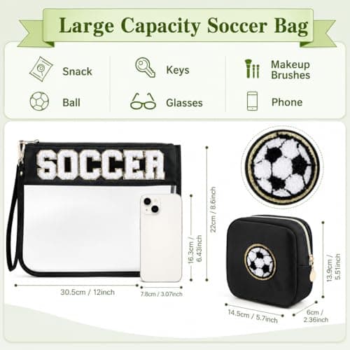 PEVART 2-Piece Soccer Gifts Makeup Snack Bag Chenille Letter Patch | Large Soccer Clear PVC Travel Zipper Pouch Accessories Stuff Waterproof Portable Sport Bag for Boys, Girls