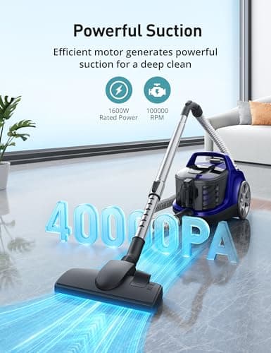 Aspiron Canister Vacuum Cleaner, 40Kpa Bagless Vacuum Cleaners, 4QT Large Dust Cup, Double HEPA Filter, Retractable Cord, 1600W Lightweight Vacuum Cleaner with 5 Tools for Hard Floors, Pearl