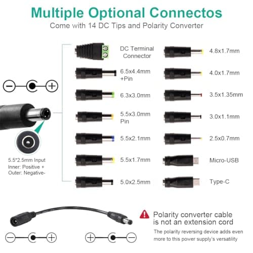 Universal Power Supply 3V~24V 3A 72W Adjustable Variable 3V 5V 9V 12V 18V 20V 24V AC/DC Adapter Charger, 100V-240V AC to DC Converter with 14 Tips, Polarity Converter and 4-Way Power Splitter Cable — view 4