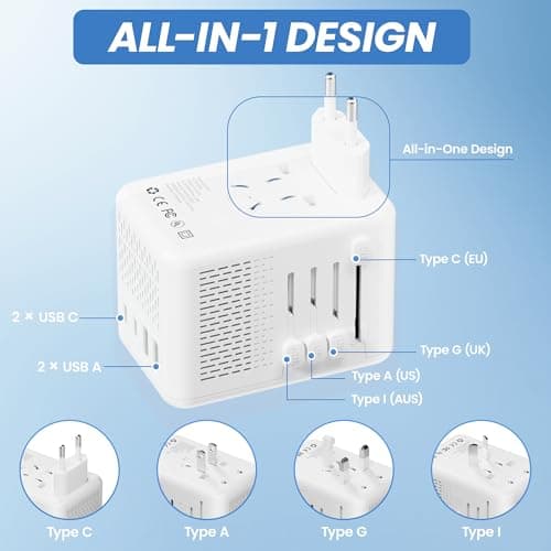 IPLUSO Converter for European Travel, Specially for Hair Dryers, 220v to 110v Voltage Converter with AC Socket, 2 USB C & 2 USB A Ports, Compact Voltage Converter US to Europe (White) — view 4