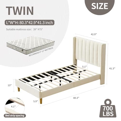 YUHUASHI upholstered Platform Bed Frame/Twin Bed Frame/Modern Geometric Double-Wing Design headboard/Velvet Fabric/Easy to Assemble no Noise(Cream, Twin)
