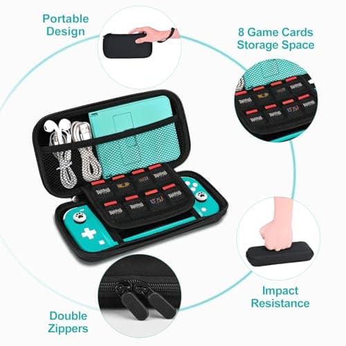 innoAura Switch Lite Case 12-in-1 Accessories Bundle for NS Switch Lite (2019), with Protective Carrying Case, Hand Strap, Screen Protector & Cute Thumb Grips, Black — view 4