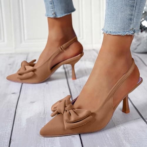 Women's Slingback Heels with Bow Slip On Closed Pointed Toe Kitten Pumps Comfortable Elegant Dress Wedding Party Shoes