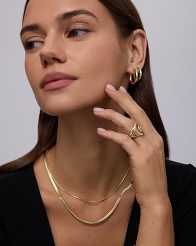 PAVOI Waterproof Thin Herringbone Chain Necklace for Women - 14K Yellow Gold Plated Adjustable Dainty Gold Necklace Chain Stainless Steel - Trendy Fashion Jewelry — view 3