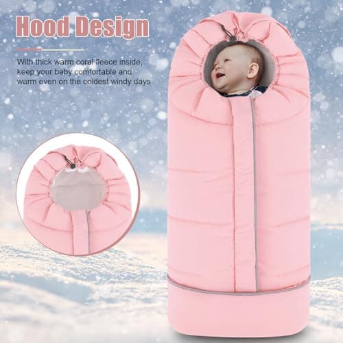 Yoofoss Stroller Cover for Winter, Toddler Stroller Footmuff Universal for Most Stroller, Water Resistant Warm Coral Baby Stroller Bunting Sleeping Bag Pink — view 2
