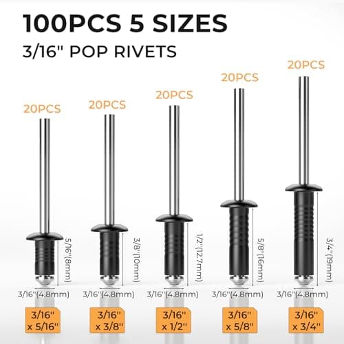 INCLY 200Pcs 3/16 Inches Pop Rivets Assortment Kit, 5 Sizes Aluminum Black Rivets for Metal 3/16" x 5/16" 3/8" 1/2" 5/8" 3/4'' and 304 Stainless Steel Washers with Storage Case