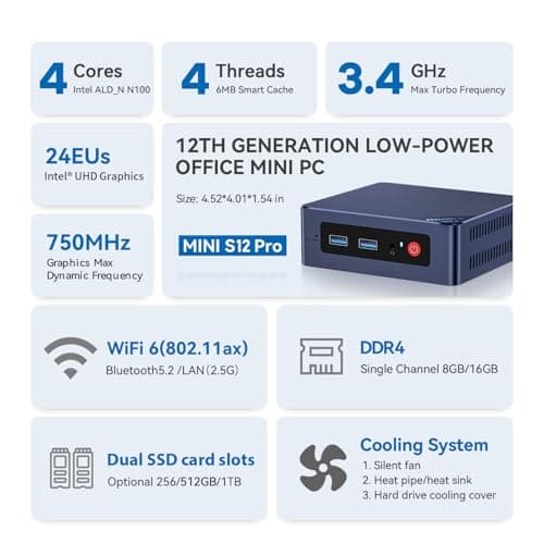 Beelink MINI S12 Pro Mini PC, with Processor Intel N100, 16G DDR4 RAM + 500G SSD, Dual HDMI 4K UHD Ports, WiFi6 + BT5.2 + 2.5G LAN Micro Computer Support Auto Power On Win11 Home — view 2