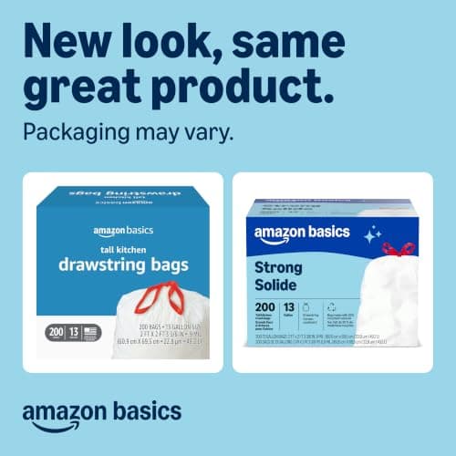 Amazon Basics Trash Bags, Tall Kitchen Drawstring, Unscented, 13 Gallon, 200 Count, Pack of 1, Packaging May Vary