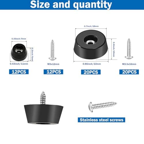 Sunxeke 64Pcs Rubber Feet for Cutting Board with Stainless Washer Screws Assortment Kit,2 Sizes (0.433inch , 0.813inch),Non Slip Rubber Bumper Feet for Furniture,Cabinets,Electronics(13/16"W x 3/8"H)