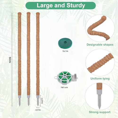 3 Pack Moss Pole, 50 Inch Monstera Plant Support, Tall Moss Poles for Climbing Plants Indoor DIY, Coco Coir Plant Pole Moss Plant Stick Support Stake Kit for Potted Plants, Pothos, Philodendron — view 3