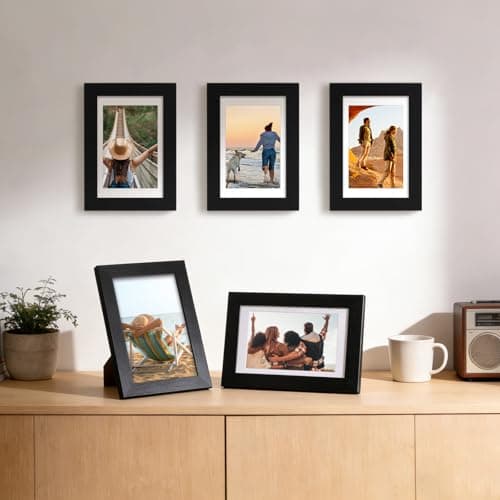 Fixwal 4x6 Picture Frames Set of 5 with Black Grain and HD Real Glass Cover, Vintage Photo Frames for Wall Decor Mounting and Tabletop Display