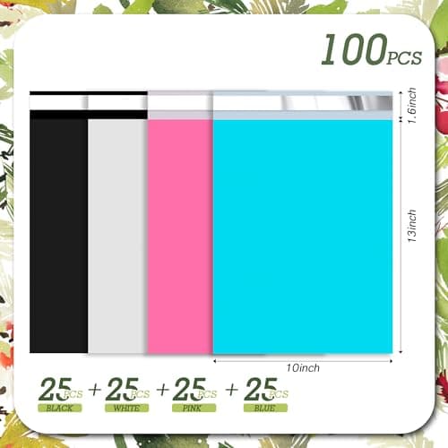 Vapulcio Poly Mailers 10x13 inch 100 Pcs, Mixed Color Plastic Mailing Envelopes with 2.4mil Thickness, Self-Seal Mailers Poly Bags, Waterproof and Tear-Resistant Shipping Bags