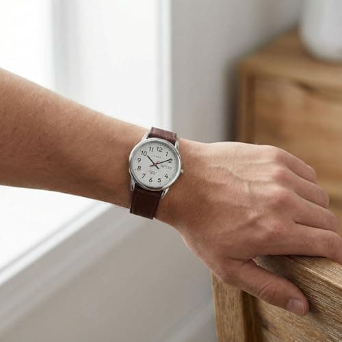 Timex Men's Easy Reader 35mm Day-Date Watch – Silver-Tone Case White Dial with Dark Brown Leather Strap — view 5