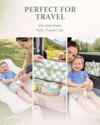 PZU Portable Diaper Changing Pad - Waterproof Travel Changing Mat with Built-in Pillow, Gifts for Baby Shower, Newborn Girls & Boys（Sage Checkers） — view 5