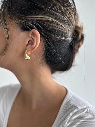 PAVOI 14K Gold Plated 925 Sterling Silver Post Teardrop Chunky Hoop Earrings - Lightweight Drop Yellow for Women - 22mm Designer Earring — view 3