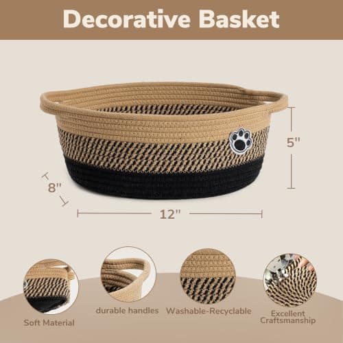 HiChen Dog Storage Bin, Baby Basket for Gifting, Wicker Storage Baskets for Dog, Cute Basket with Handles, Small Woven Baskets for Nursery 12"x 8" x 5" Black-Brown — view 4