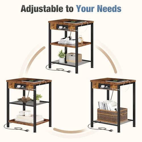 DUMOS 15.7" Small Side Table with Charging Station, End Table with Outlets & USB Ports, 3-Tier Adjustable Storage Nightstand for Living Room, Bedroom, Small Spaces, Record Player Stand, Rustic Brown — view 5