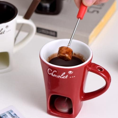 GOVNPJ Fondue Cup Set - 4 Ceramic Chocolate Fondue Mugs with 4 Stainless Steel Forks - Mini Fondue Set for Cheese/Chocolate Fondue, Butter Warming & Dipping (Candles Not Included) — view 2