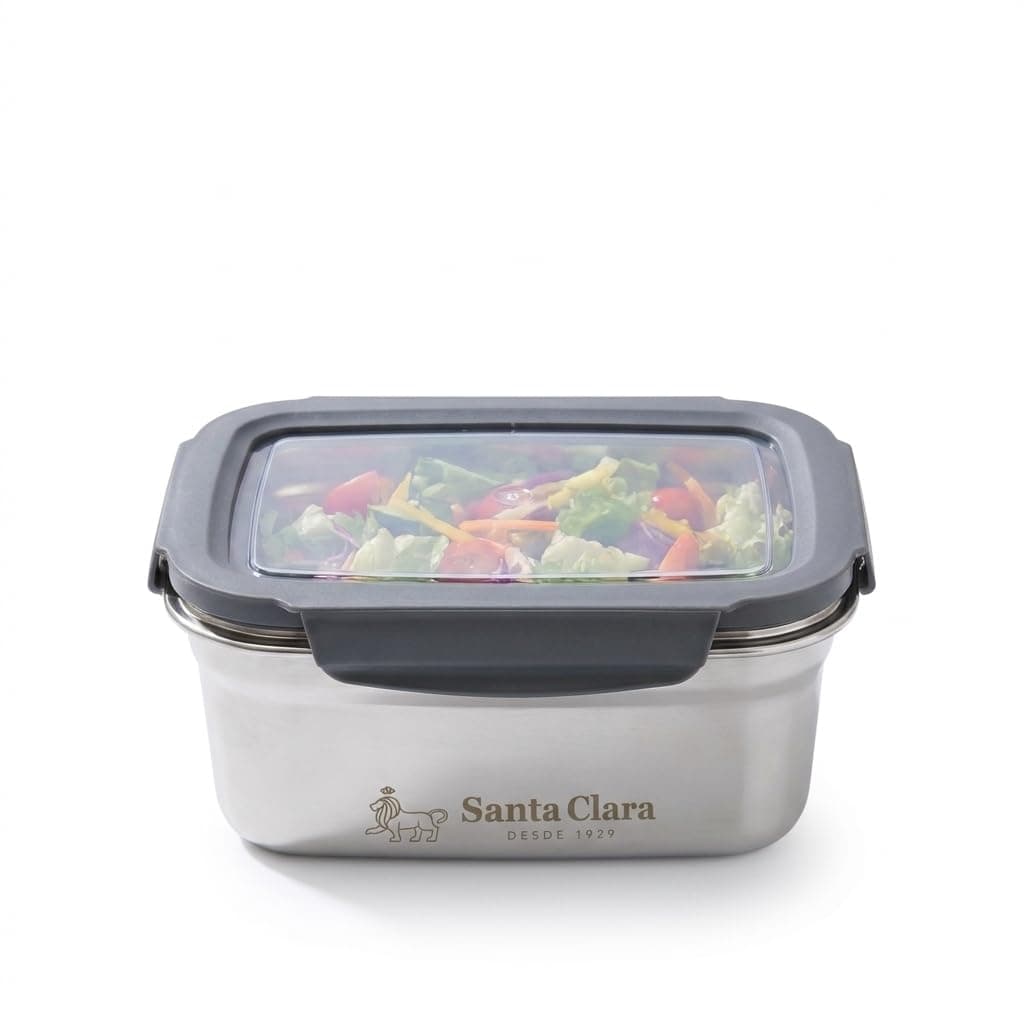 INDE SANTA CLARA | Fiambrera de Acero Inoxidable 1.8L Hermética para Microondas, Tapa Plástica con 4 Cierres, Apta para Horno, Tupper Acero Inoxidable, Lunch Box, Termo Comida Caliente