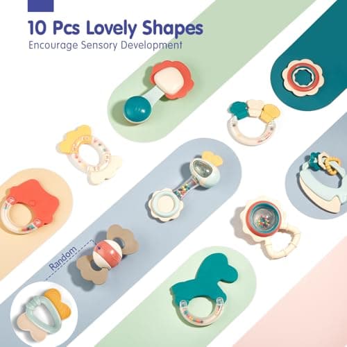 hahaland Baby Teething Toys, Infant Newborn Toys 0-3 3-6 Months, Silicone Babies Teether Rattles, Baby Shower Gifts for Newborn Boys Girls, 10 Pcs with Storage Box for 0 Months+