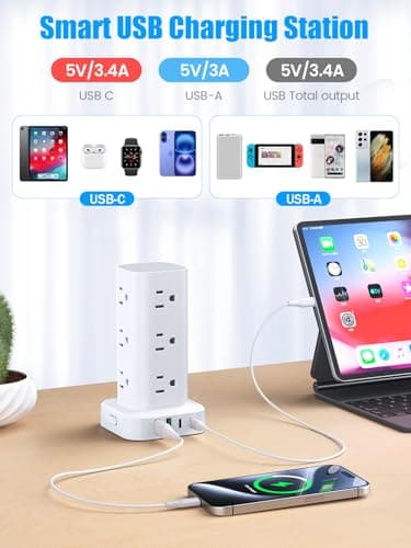 Tower Power Strips with Surge Protection, 6FT Flat Extension Cord with Multiple Outlets, 12 AC 4 USB Ports, Overload Protection Charging Station for Office Home Dorm Room Travel (White) — view 2