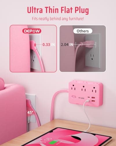 DEPOW Pink Power Strip, 5FT Extension Cord with 6 AC Outlets（1625W/13A 4 USB Ports (2 USB C), 1050J Surge Protector, Flat Plug Wall Mountable Charging Station for Dorm Room Desk Bedroom Kawaii Decor — view 2