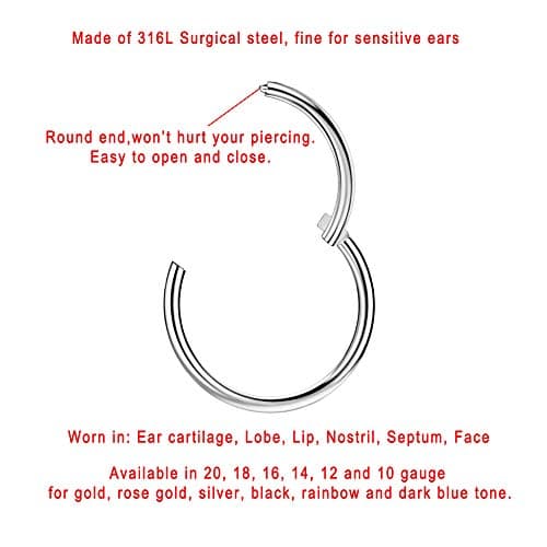 Silver Nose Hoop Hypoallergenic Nose Rings for Women & Men 20 Gauge 11mm