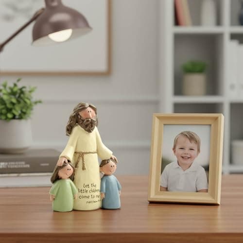 Jesus with Children Figurine - Resin Christian Statue with Bible Verse Let The Little Children Come to Me, Inspirational Religious Decor for Home, Sunday School and Ministry, 10.7cm Tall