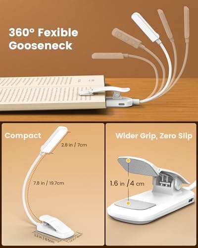 Glocusent 13 LED Rechargeable Book Light for Reading at Night, Eye-Caring 3 Amber Colors & Stepless Dimming, Lasts 1 Week to 2 Months, Travel Clip on Lamp, Gifts for Book Lovers, Men, Women & Kids — view 5