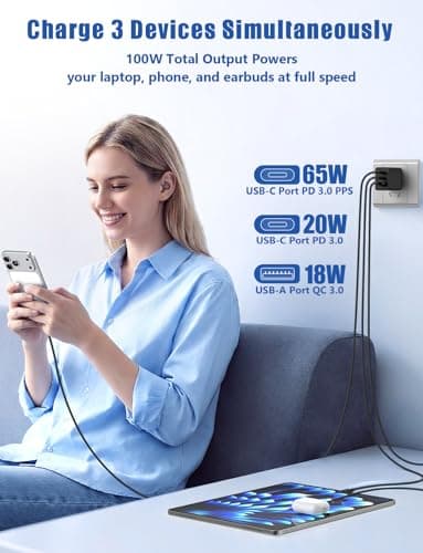Susnwere 65W USB C Wall Charger for Samsung S26 Ultra,3 Port 100W PD Quick 3.0 Type C Charging with 3/6/10/10FT USB C Cable for Samsung Galaxy S26+/S25/S24/S23 Ultra/S22/S21/S20/Android Phones — view 3