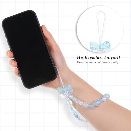 Beaded Phone Charms Strap, 3 Pcs Camera Charm Strap Wristlet Keychain Butterfly Flower Heart Bow Lanyard Chain Cute Lanyard Wrist Straps Cellphone Charm for Phone Case, Wallet (Pink, Purple, Blue) — view 2