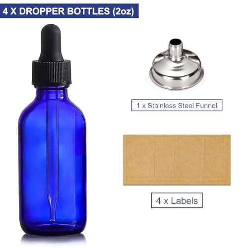 AOZITA 4 Pack, 2 oz Dropper Bottles with 1 Funnel & 4 Labels - 60ml Thick Dark Blue Glass Tincture Bottles with Eye Droppers - Leakproof Essential Oils Bottle for Health, Personal Care & Beauty