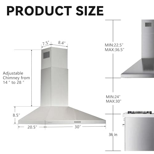 30 Inch(758mm) Wall Mount Range Hood, 550 CFM Stainless Steel Chimney Vent Hood, Ducted/Ductless Convertible, 3-Speed Push Button Control, Dishwasher-Safe Filters, LED Strip Light — view 2
