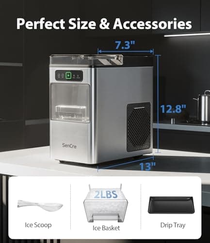 SenCre Nugget Ice Maker 40lbs/Day, Countertop Ice Maker Soft Chewable Ice, Ice Makers One-Click & Self-Cleaning, Crushed Pellet Ice Machine with Scoop&Basket for Home/Kitchen/Office, Stainless Silver — view 4