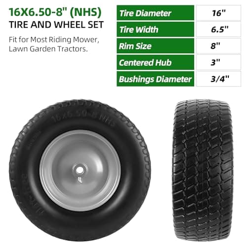 AR-PRO (2-Pack) 16x6.50-8 Flat Free Tire and Wheel, Solid Lawn Mower Tire with 3"-4.3" Centered Hub & 3/4" Bushings, Compatible with Riding Mower Graden Tractor