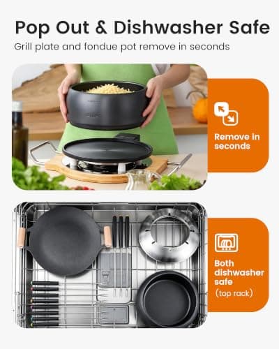 Saenchue 2-in-1 Electric Fondue Pot & Indoor Grill Set, 1200W Nonstick Griddle with Detachable Thermostat, 2.8L Nonstick Fondue Pot for Cheese Chocolate Broth, 8 Forks & Lid Included, for Family Party — view 4