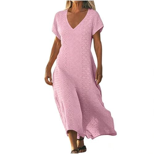 Frostluinai Vacation Dresses for Women 2026 Eyelet Dresses for Women Summer Short Sleeve V Neck Maxi Dress Loose Comfy Flowy Swing Beach Sundress Pink