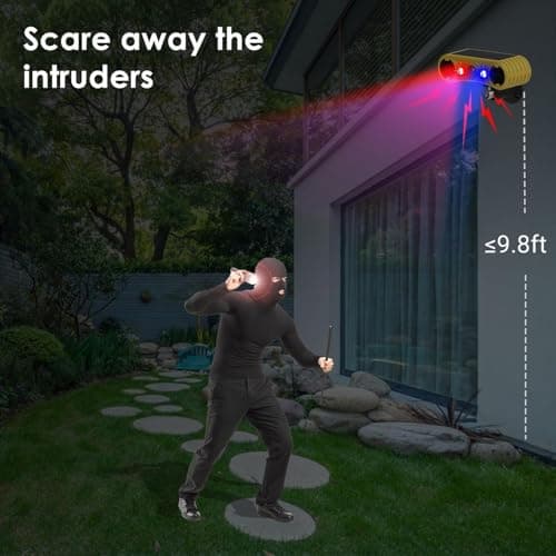 HULPPRE Solar Outdoor Motion Sensor Alarm-13 Sounds Including Dog Barking&Gunshot,2 * 130db Loud Noise Maker,4 Modes,Red&Blue Motion Activated Strobe Light,Say Goodbye to The Intruders