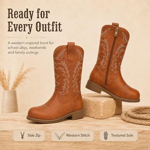 Kids Cowboy Boots Cowgirl Boots For Girls & Boys, Brown Western Cowboy Boots With Side Zipper, Pu Leather Round Toe Little Kid Boots