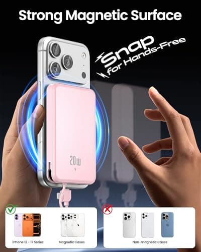 golioklsy Portable Charger Power Bank, 10000mAh Phone Charger with Built-in Cable, 20W PD Fast Charging, Slim Battery Pack with LED Display, Travel Essential for iPhone 17/16/15/14 All Series, Pink — view 5