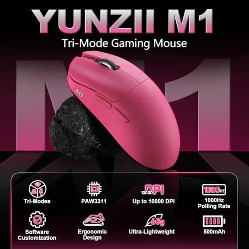 YUNZII M1 Wireless Gaming Mouse, Tri-Mode 2.4G/BT/Wired Gaming Mouse, PAW3311 Sensor 10000 DPI Rechargeable Wireless Mouse with 5 Programmable Buttons, Customizable via Software for Win & Mac (Pink)
