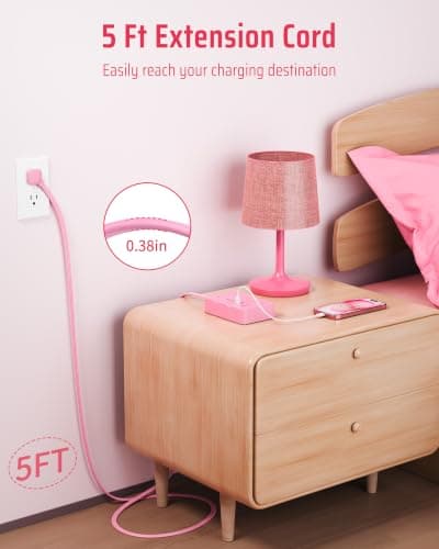 DEPOW Pink Power Strip, 5FT Extension Cord with 6 AC Outlets（1625W/13A 4 USB Ports (2 USB C), 1050J Surge Protector, Flat Plug Wall Mountable Charging Station for Dorm Room Desk Bedroom Kawaii Decor — view 3