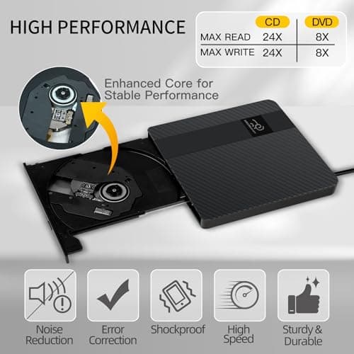 HKCMEMORY External CD/DVD Drive USB 3.0 & Type-C Slim Portable DVD Player+/-RW Disk Drive CD Burner Writer Reader CD ROM, for Laptop Desktop PC MacBook Mac Windows 11/10/8/7 Linux OS Apple — view 2