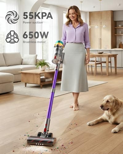 Cordless Vacuum Cleaner, 600W 50KPA Powerful Suction, XL Dust Cup Vacuum Cleaners with 4 Modes, Max 65 Mins,Self-Standing,Anti-Tangle Brush, Lightweight Stick Vacuum for Pet Hair, Hard Floors, Carpet