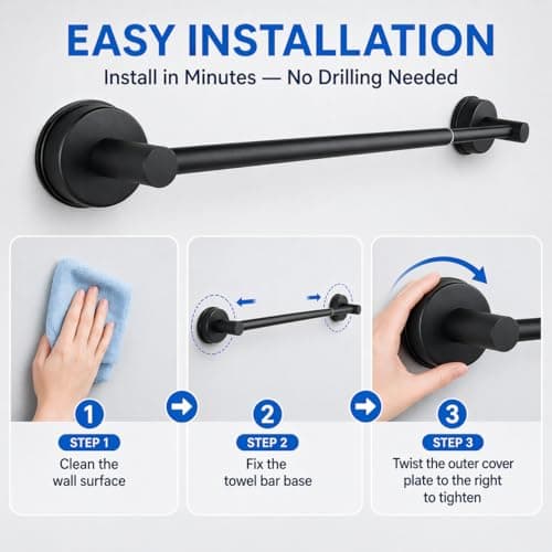 Extendable Suction Cup Towel Bar, Matte Black Stainless Steel No Drill Towel Holder for Bathroom, Adjustable Wall Mounted Towel Rack for Shower, Kitchen, RV, Smooth Tile, Glass, Mirror and Metal — view 5