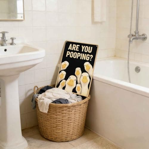 Silly Goose Metal Wall Art Fun Duck Yellow Decor Painting Pictures ARE YOU POOPING? Signs posters Prints for Interior Outdoor Room Hotel Resort bathroom Home Decoration 8x12In — view 4