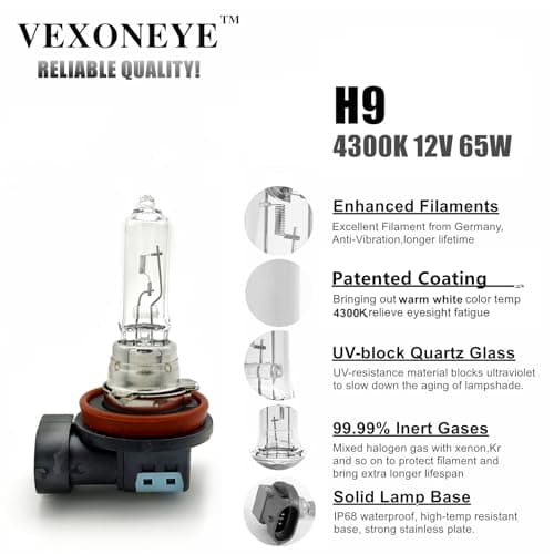 VEXONEYE H9 Headlight Light Bulb, 12V 65W 4300K, For Altima 2007-2018, Malibu 2004-2012, Sentra 2013-2022, Rogue 2015-2022 and others,Halogen High/Low Beam Automotive Warm White Head Lights,long life